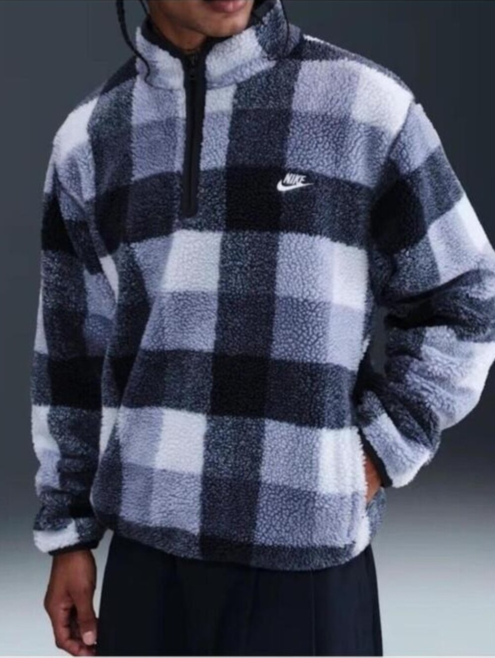 Nike Club Winterized Sweatshirt Half-Zip Check Sherpa Jacket FZ0896 Size XL